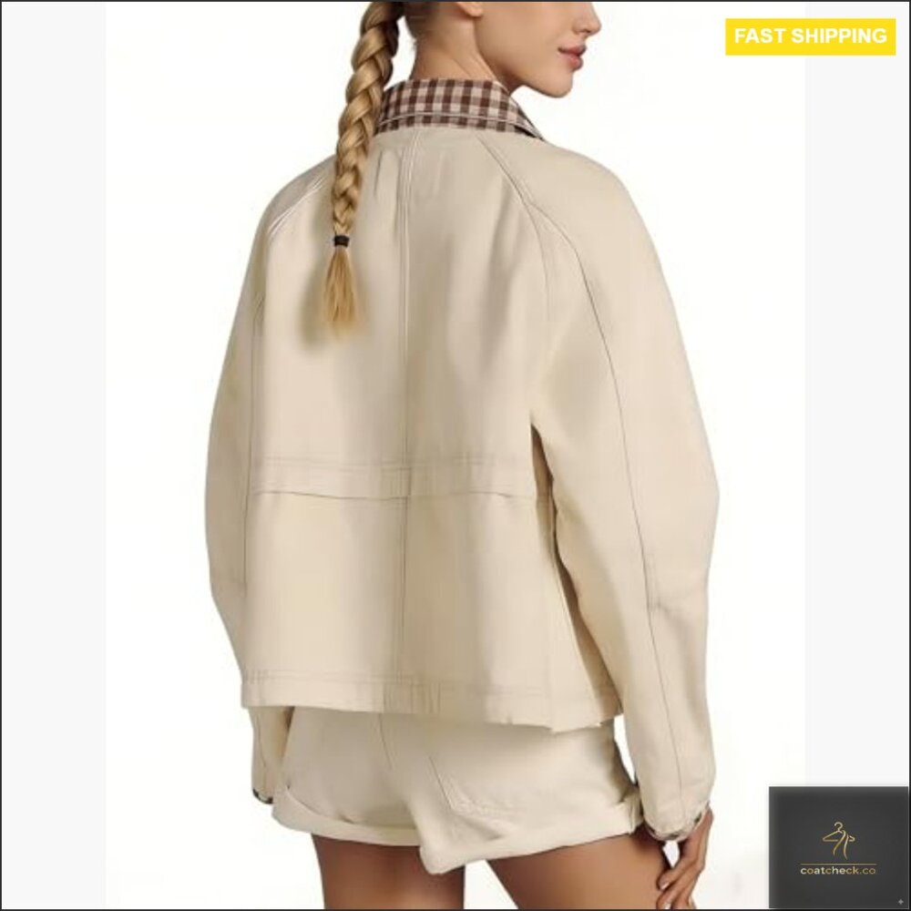 Cropped Plaid Bomber Jacket Windproof Cotton Casu… - image 2